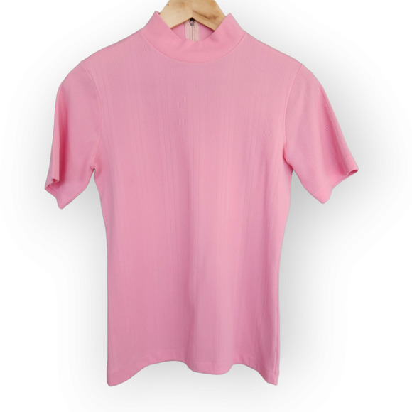 American Vintage Tops - Pink Vintage High Neck Ribbed Short Sleeve Fitted Blouse L